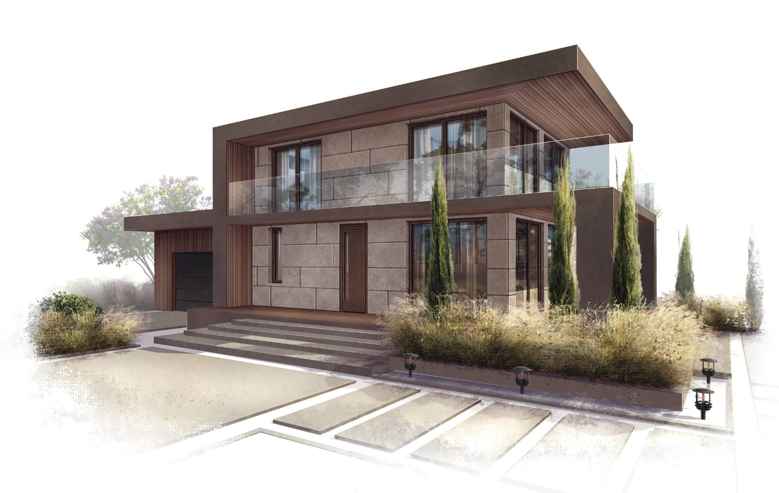Hand-drawn architectural visualization of a modern two-storey house