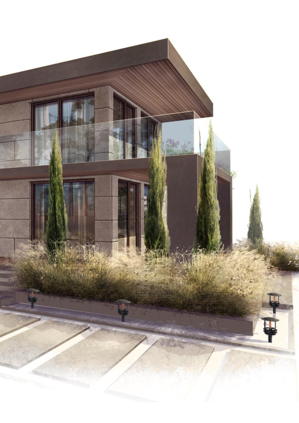 Hand-drawn architectural visualization of a modern two-storey house
