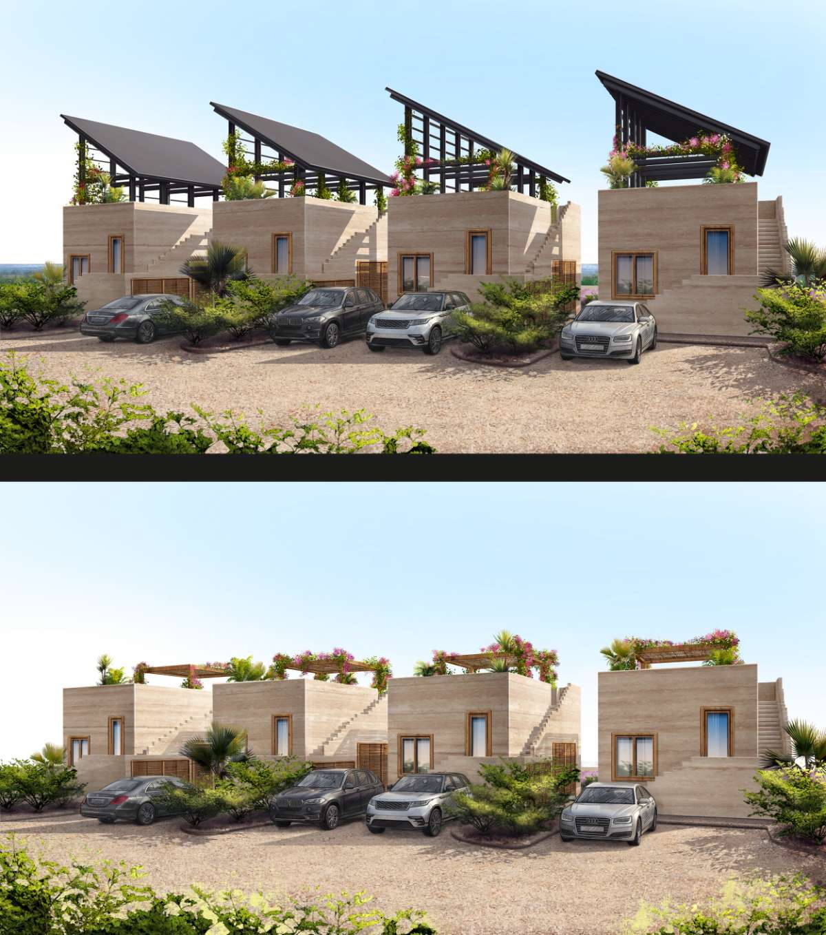 Las Lavandas exterior, entrance and parking — two variants