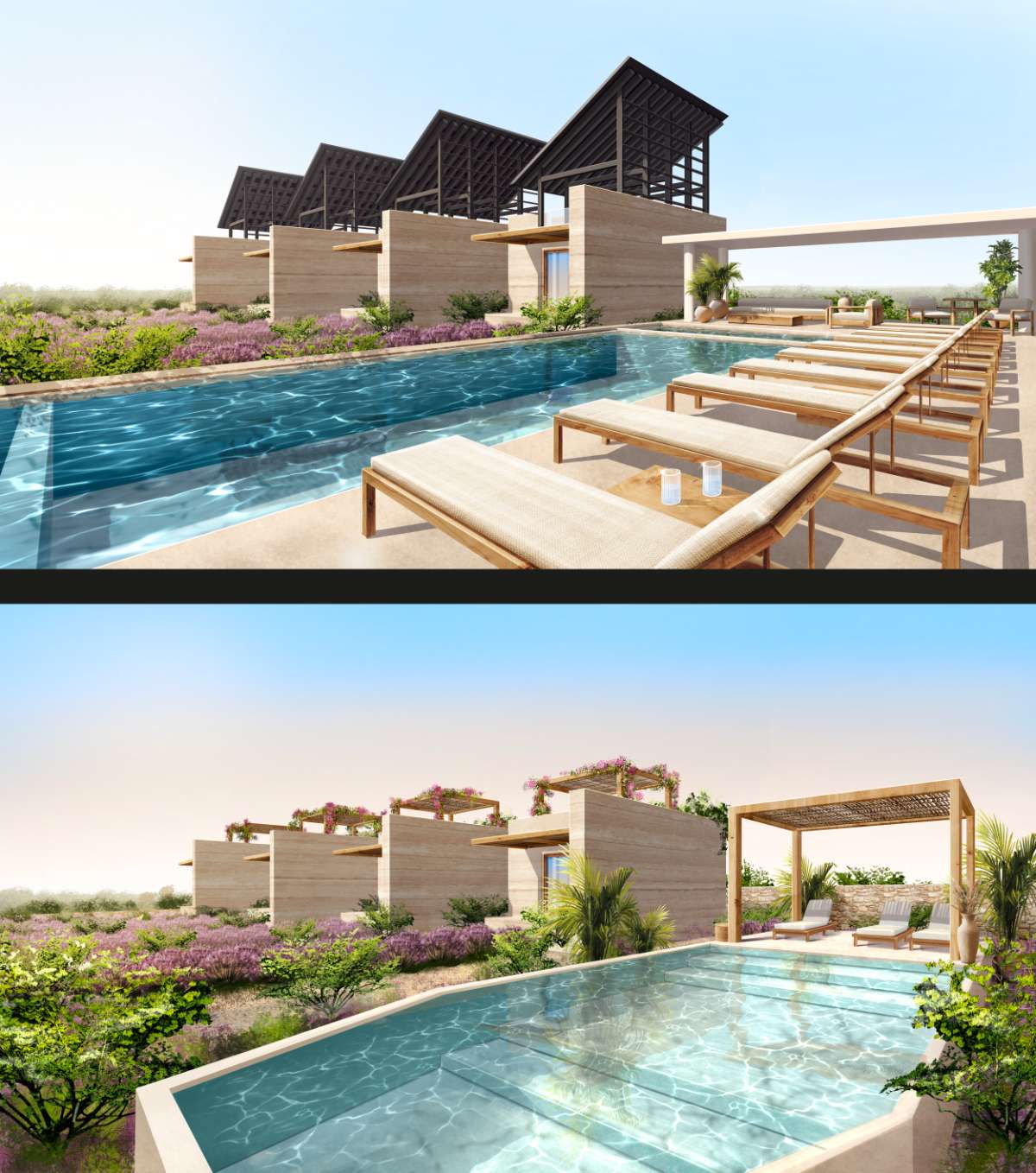 Las Lavandas exterior, pool side — two variants