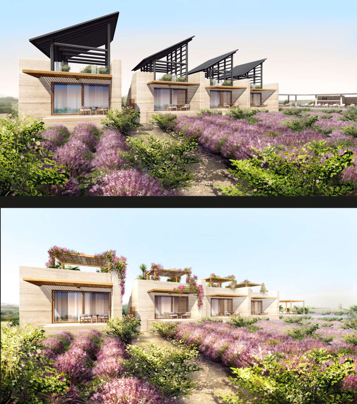 Las Lavandas exterior, terrace facades — two variants
