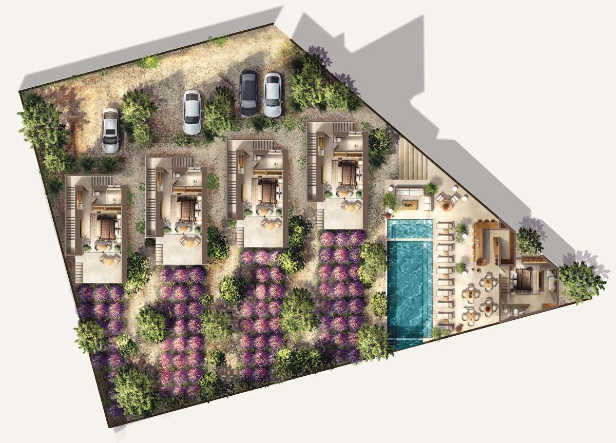 Las Lavandas illustrated site plan with floor plans