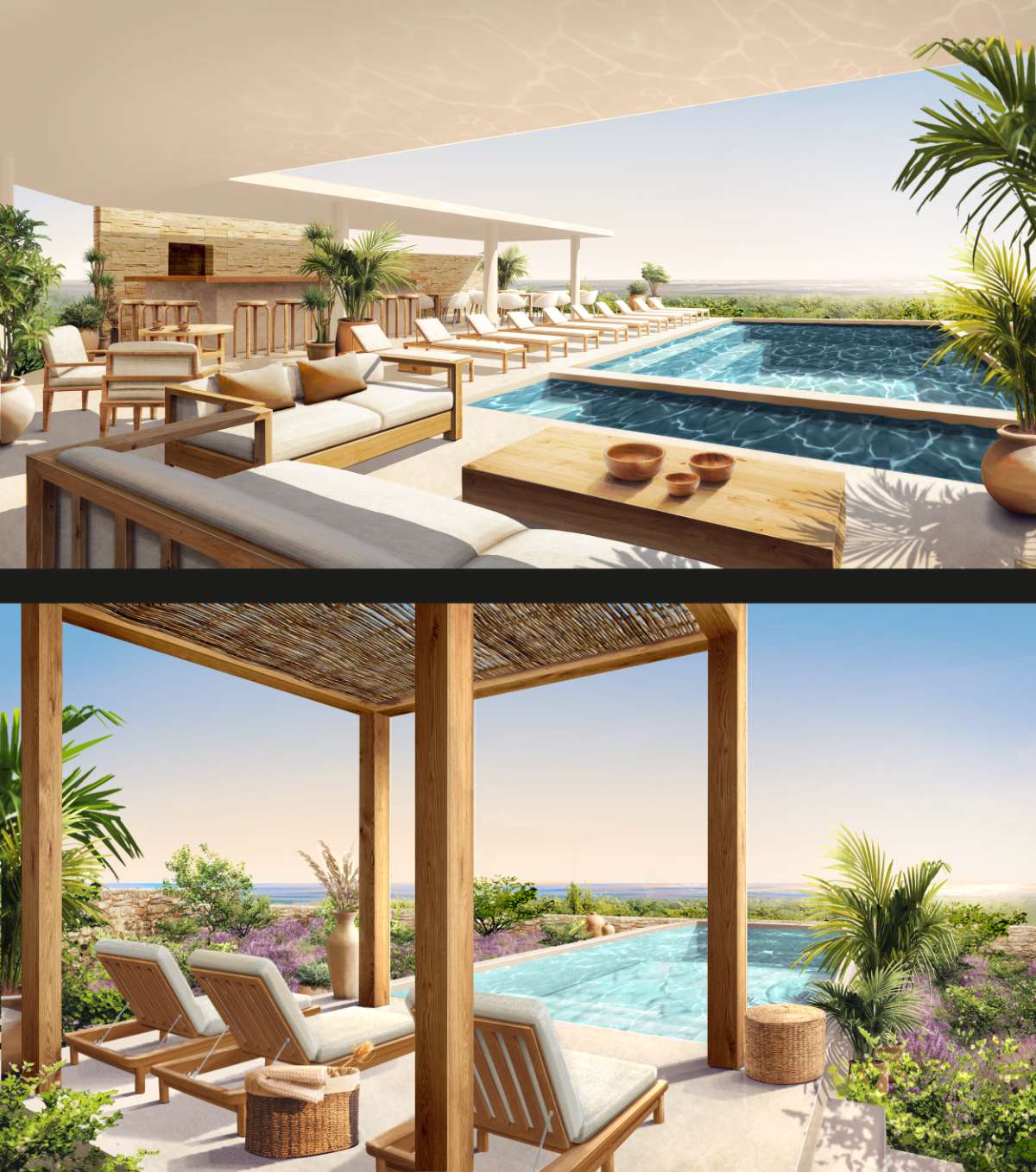Las Lavandas pool deck and shaded lounge