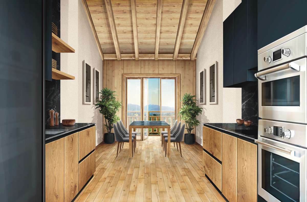 Le Wolfi kitchen and dining with mountain view