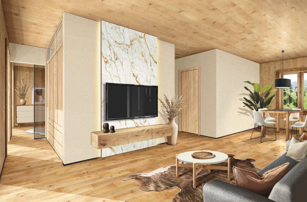 Le Wolfi living room with media wall