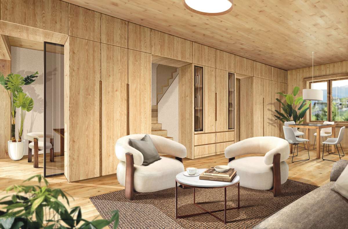 Le Wolfi living room with timber joinery and stair