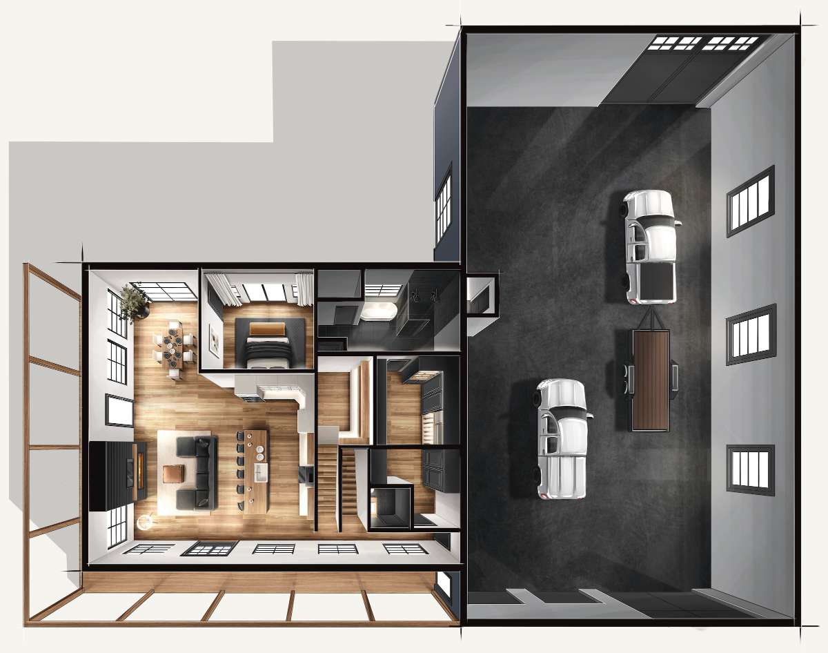 McClain Barndominium, illustrated cutaway floor plan