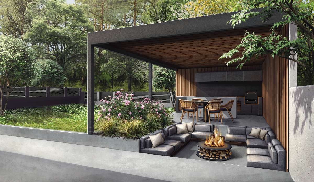 Woodland Residence outdoor lounge and fire pit