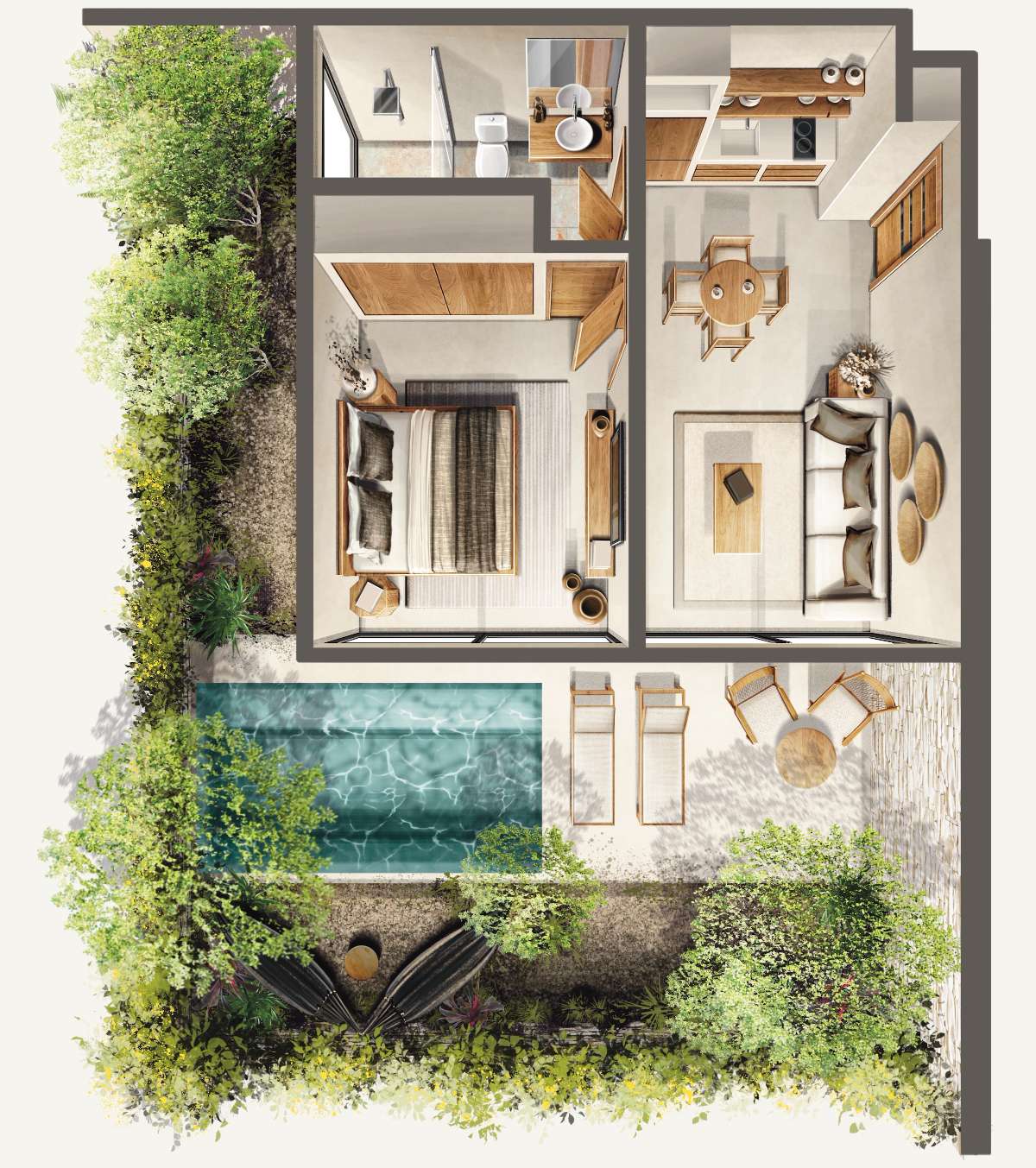 Xexén & Xakáh illustrated one-bedroom plan
