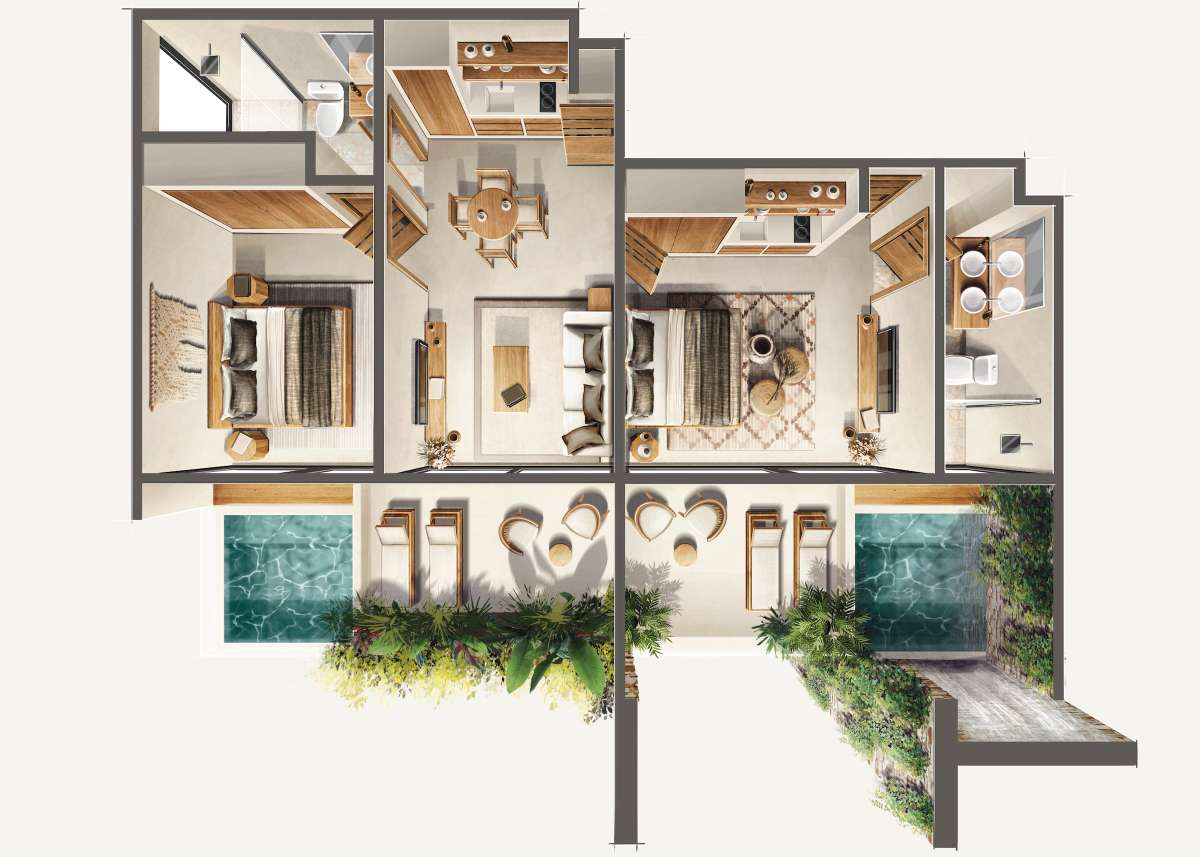 Xexén & Xakáh illustrated two-bedroom plan